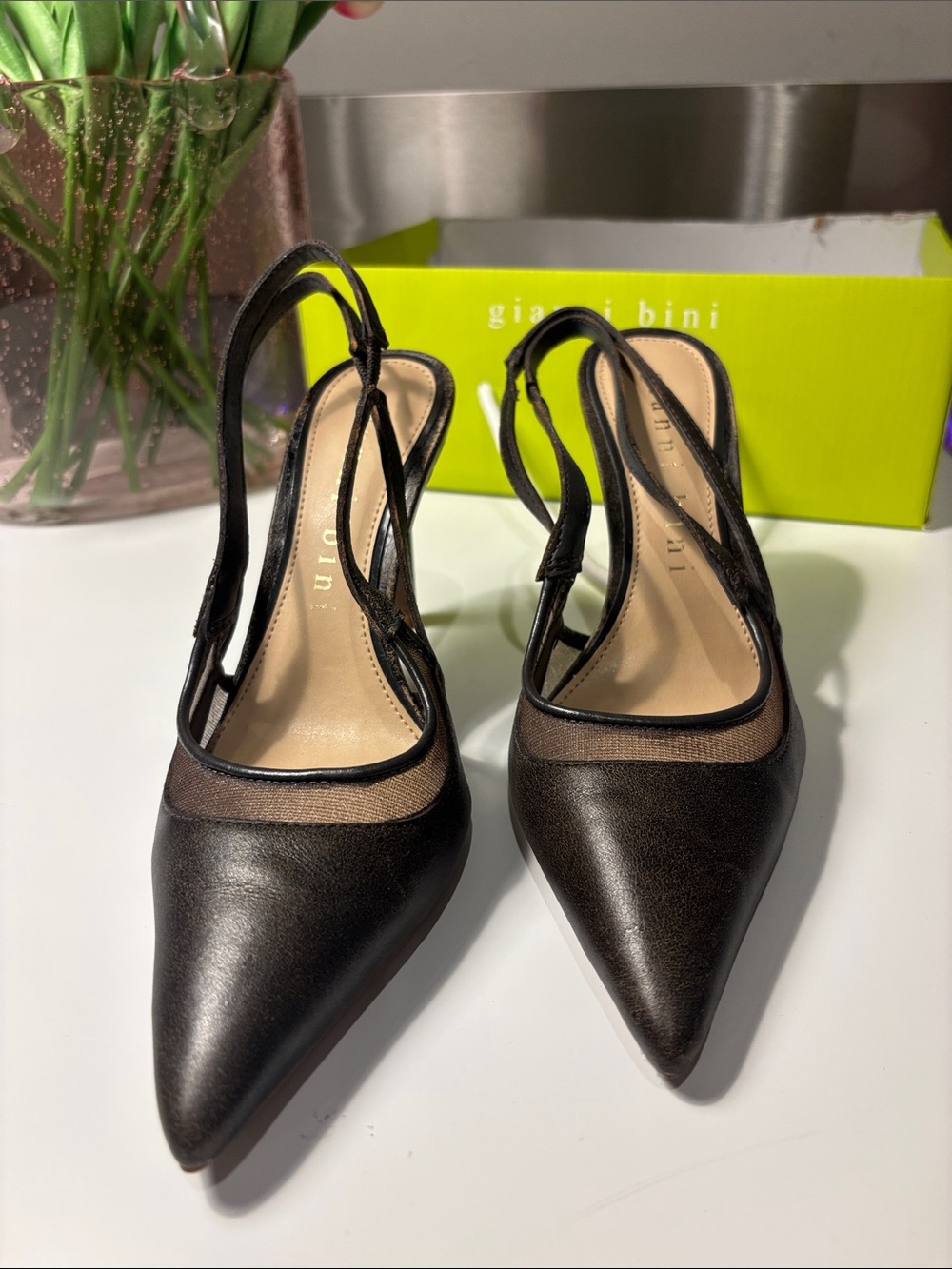 Gianni Bini Black Pointed Mesh-Accent Slingback Pumps
